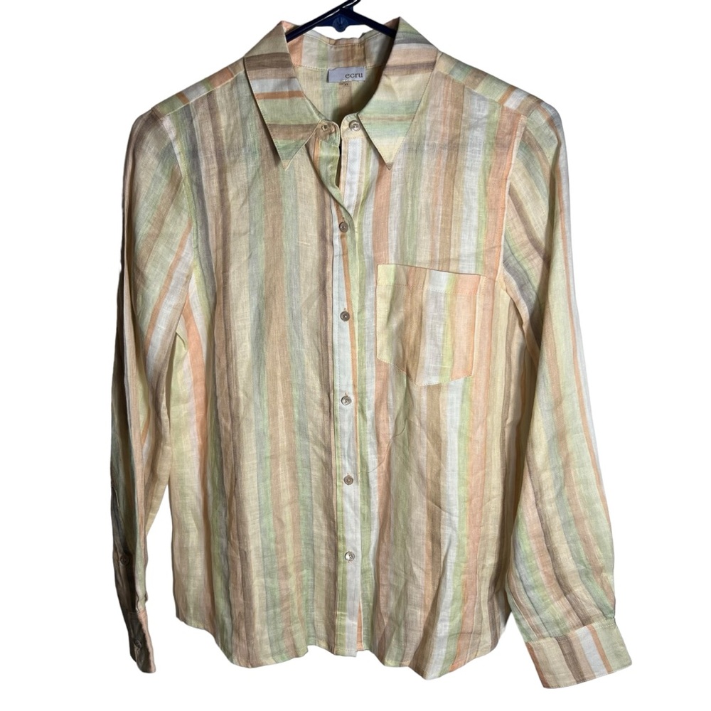 ECRU Lightweight Linen Stripped Long Sleeve Button Down Blouse, XS